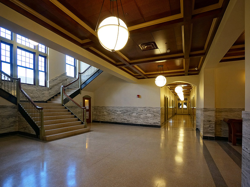 Renovated interior corridor and stairway in Glatfelter Hall at Gettysburg College