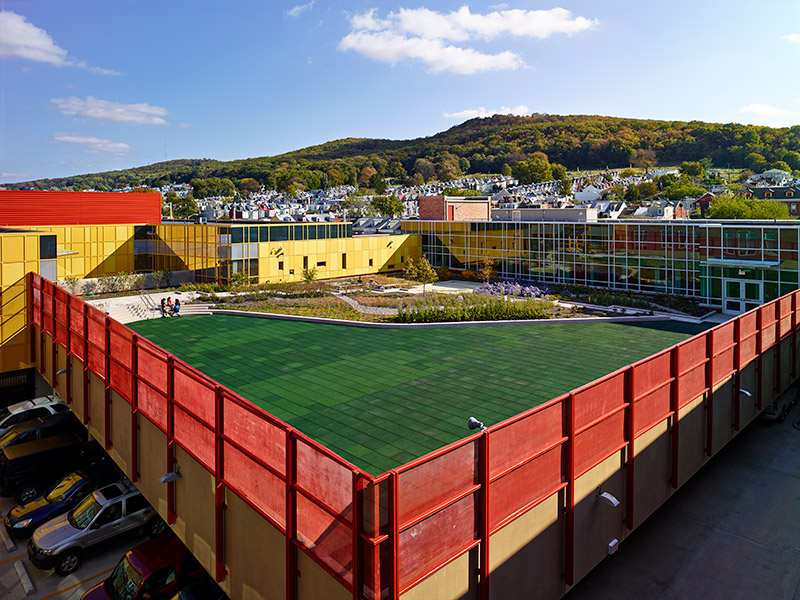 Elevated courtyard and rooftop play area at the renovated Amanda E. Stout Elementary School in Reading, PA