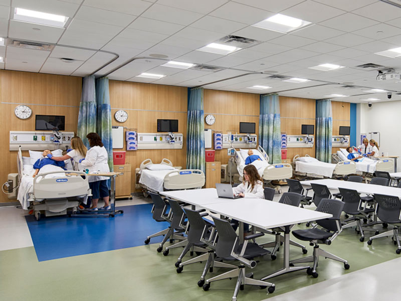 Clinical simulation lab at Saint Joseph’s University featuring hospital-style patient training rooms
