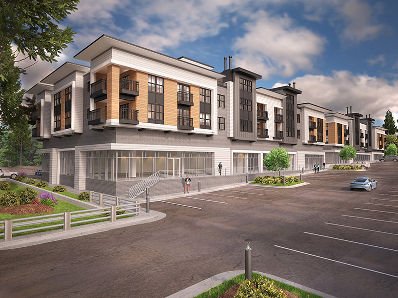 Three-story mixed-use Bedford Village building with ground-floor retail and apartments in Raleigh, NC
