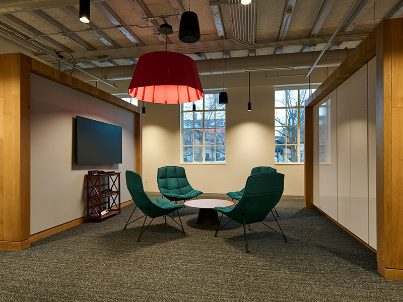 Renovated collaboration lounge in Willard Building at Penn State for Bellisario College of Communications