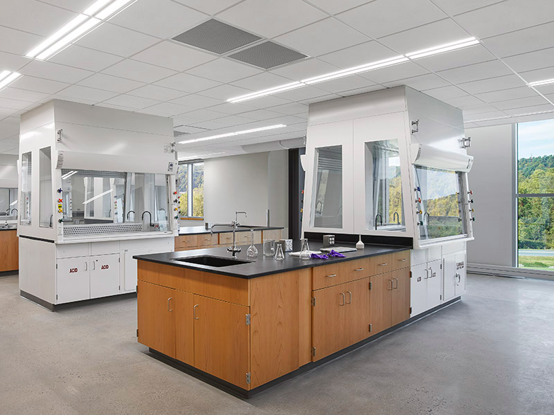 Organic chemistry laboratory at Penn State Lehigh Valley with lab benches, fume hoods, sinks, and large windows for natural light