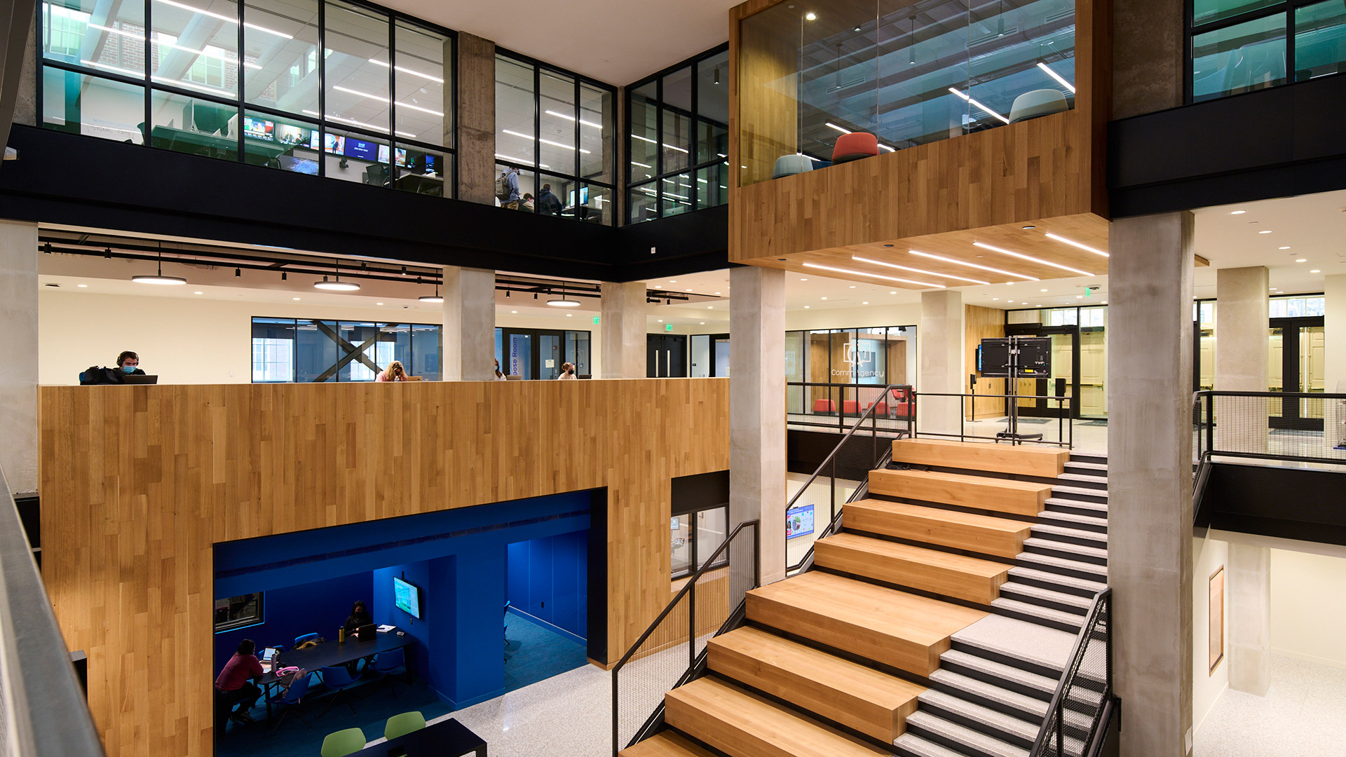 Modern atrium and feature stair in renovated Willard Building at Penn State University media center