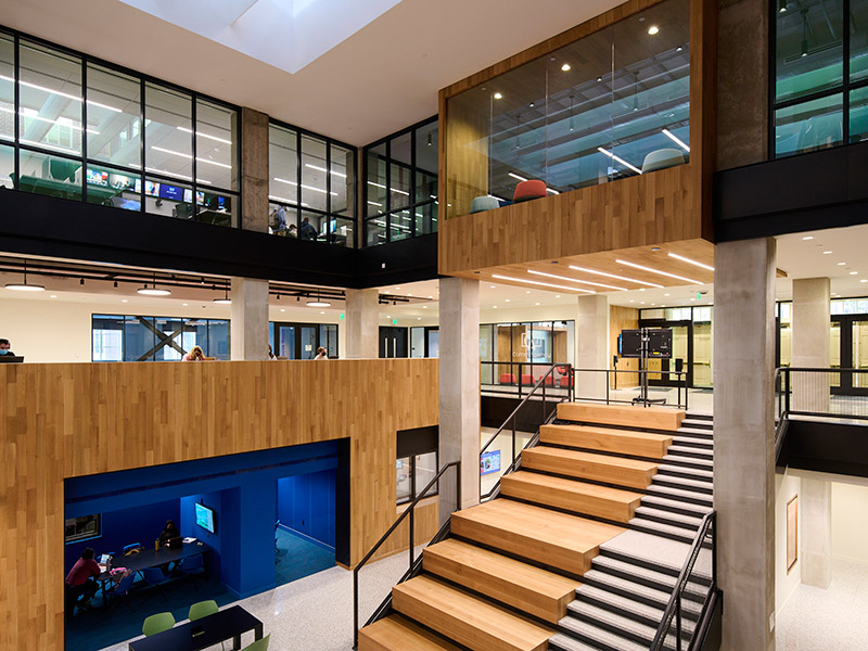 Renovated collaboration lounge in Willard Building at Penn State for Bellisario College of Communications