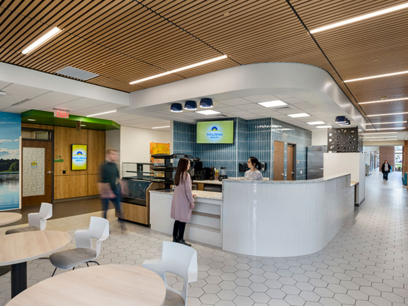 Modern retail café inside WellSpan Heart and Vascular Center with seating and service counter