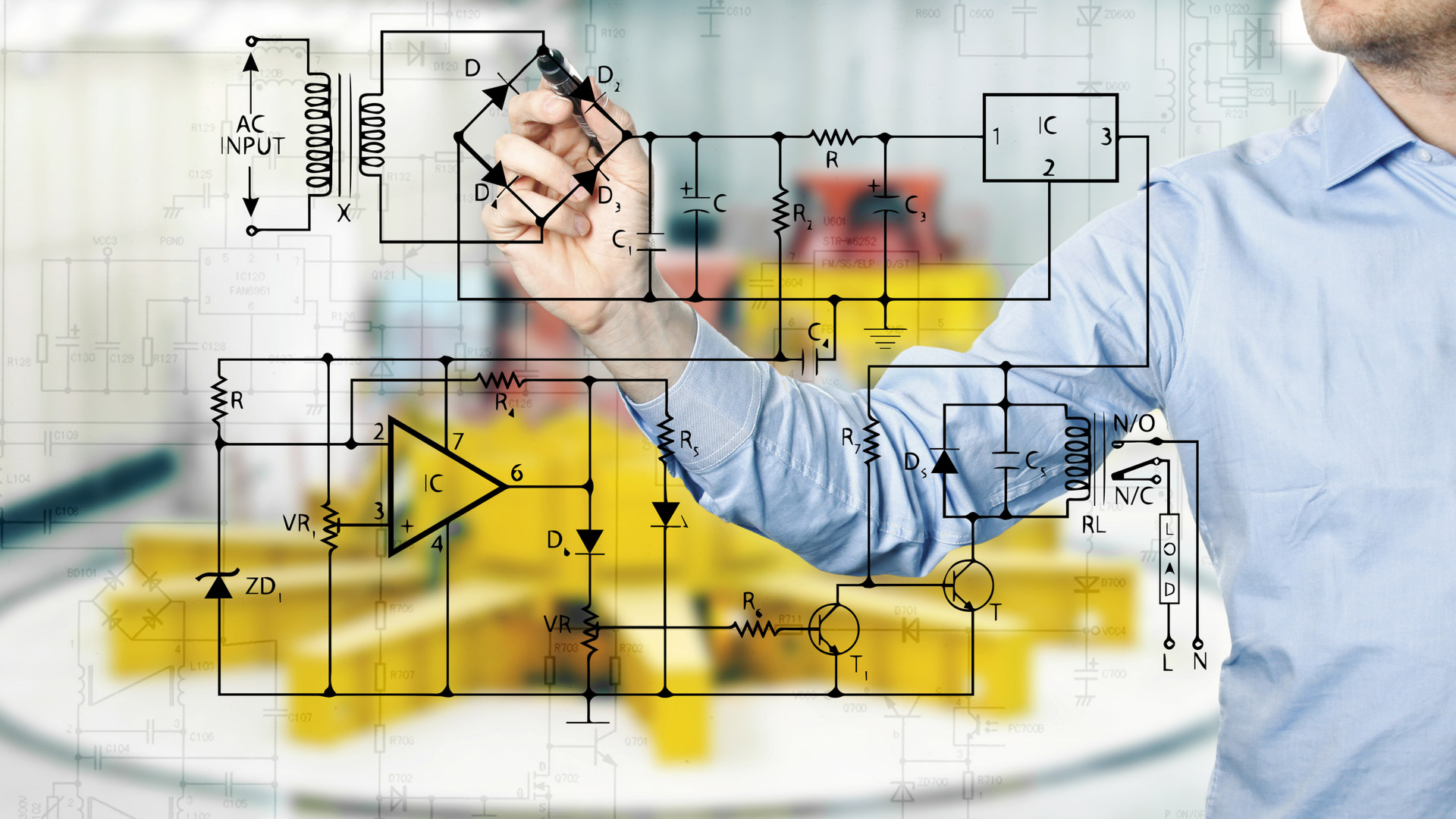 Close-up of an engineer drawing an electrical schematic diagram on a transparent surface, illustrating power distribution components such as transformers, resistors, relays, and control circuits—representing electrical system planning and backup power design
