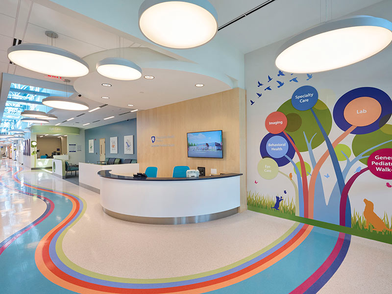 Colorful pediatric reception area at Penn State Health Children’s Lancaster