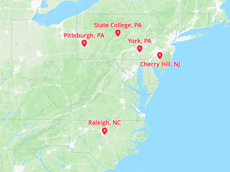 Barton Associates office locations in York, PA, State College, PA, Pittsburgh, PA, Cherry Hill, NJ (outside of Philadelphia, PA) and Raleigh, NC