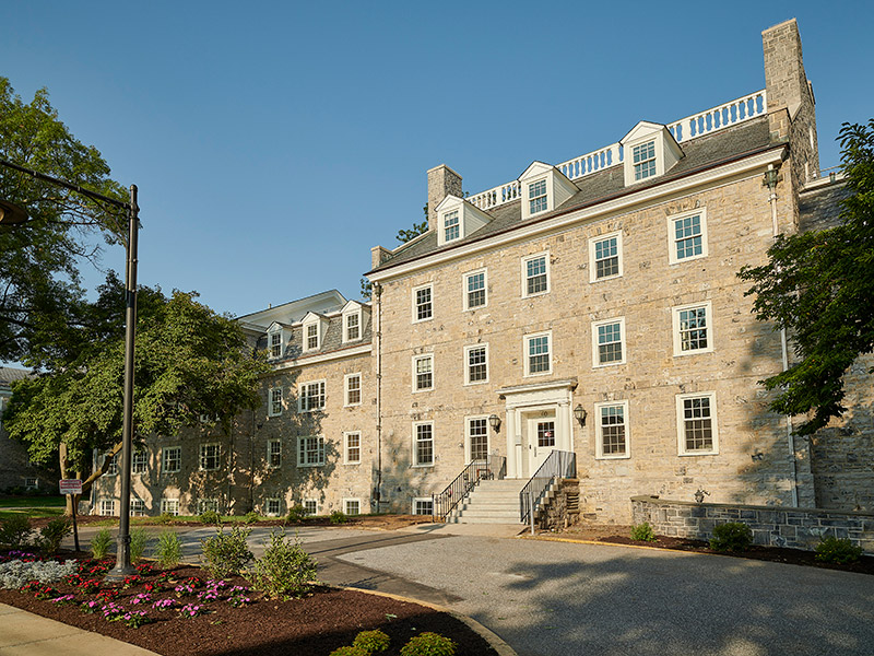 Exterior view of Dickinson College’s historic Drayer Hall residence hall following major renovation and building systems upgrades