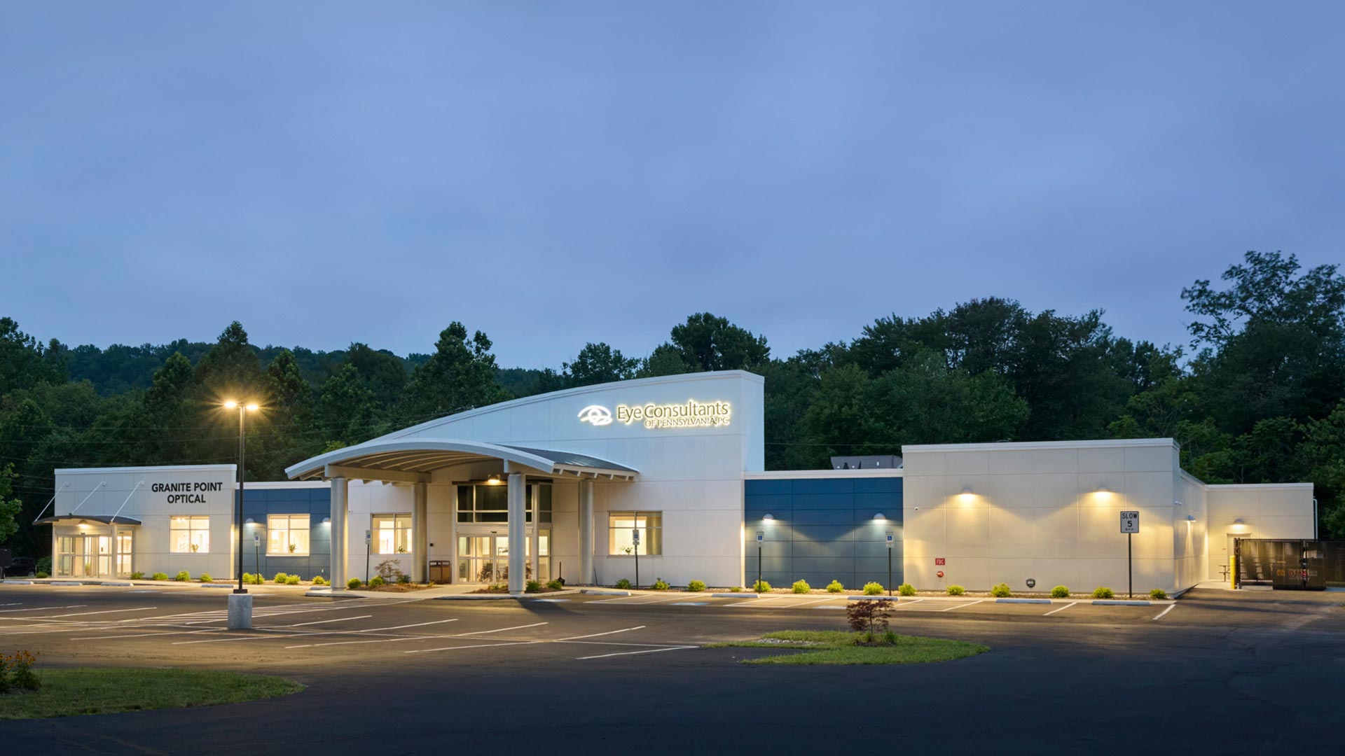 Eye Consultants of Pennsylvania medical office building in Pottsville, PA at dusk