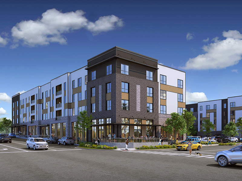 Rendering of Metropolitan Village mixed-use housing development in Winston-Salem, NC with apartments and retail space