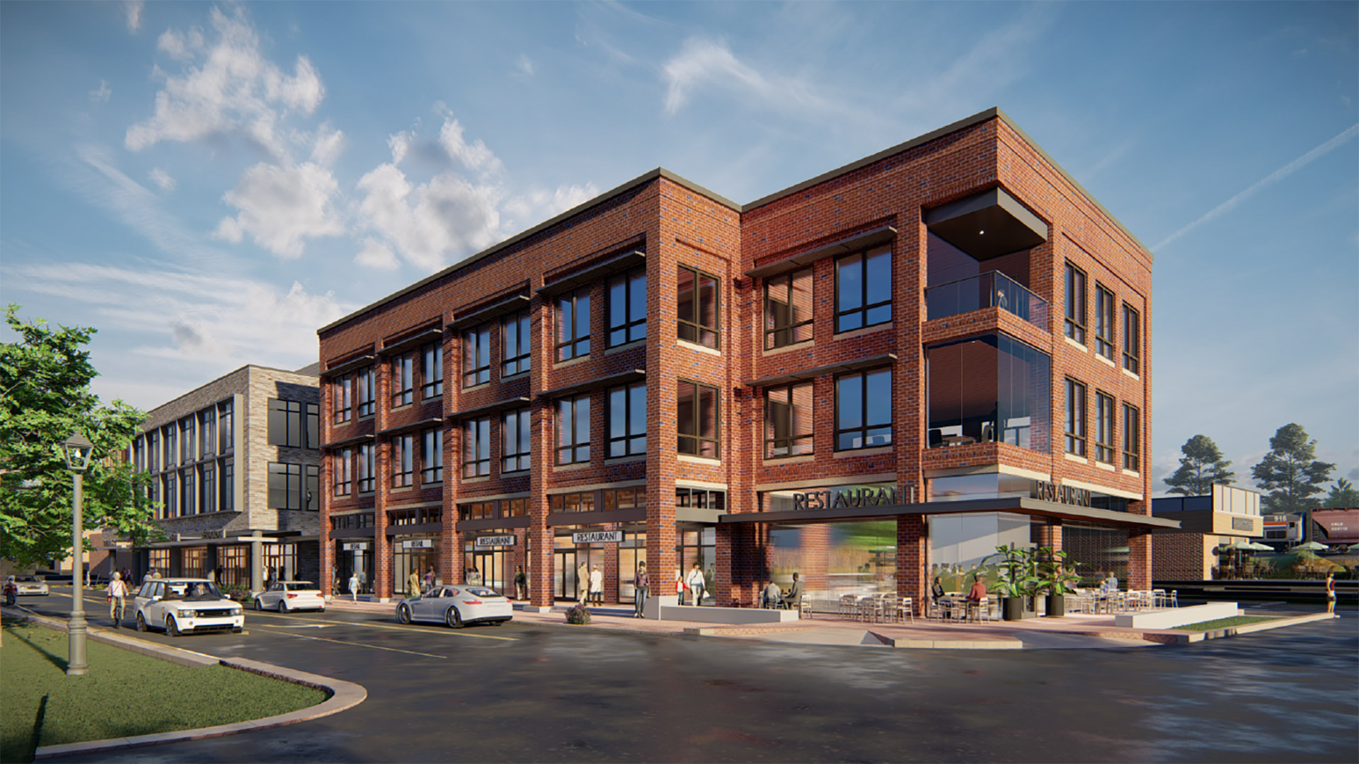 Three-story mixed-use Rogers Building with street-level retail and upper office space in Cary, NC