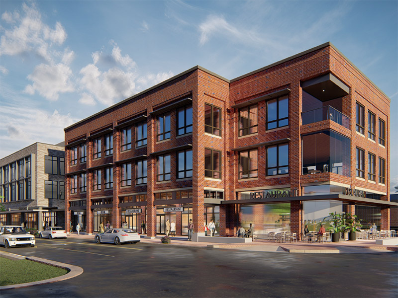 Three-story mixed-use Rogers Building with street-level retail and upper office space in Cary, NC