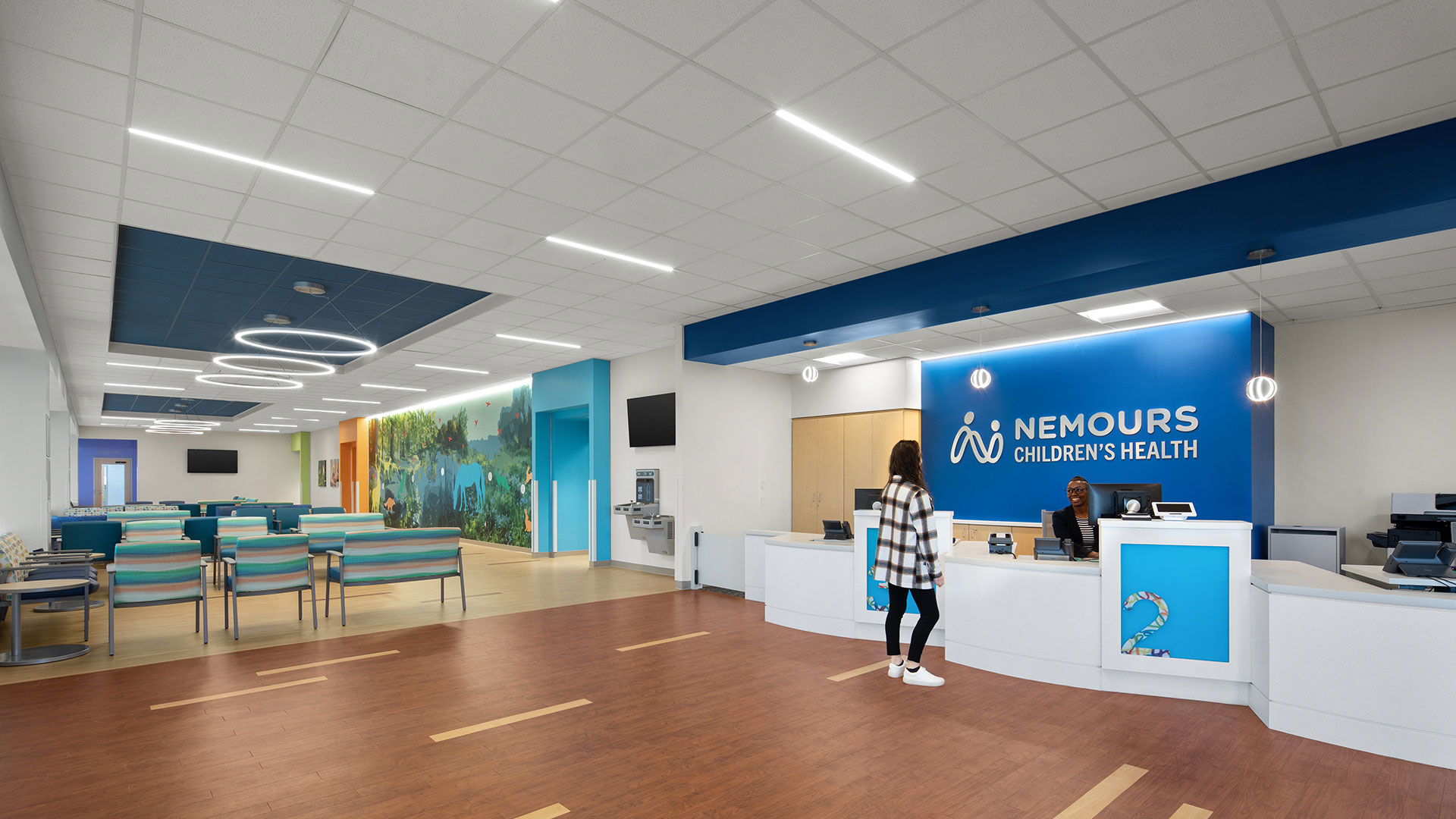 Reception and waiting area at Nemours Children’s Health pediatric clinic in Malvern, PA