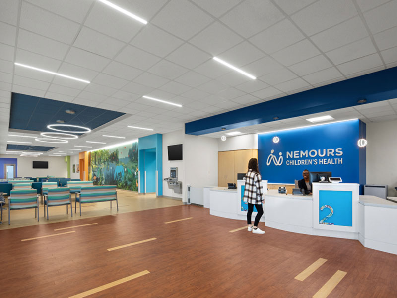 Reception and waiting area at Nemours Children’s Health pediatric clinic in Malvern, PA