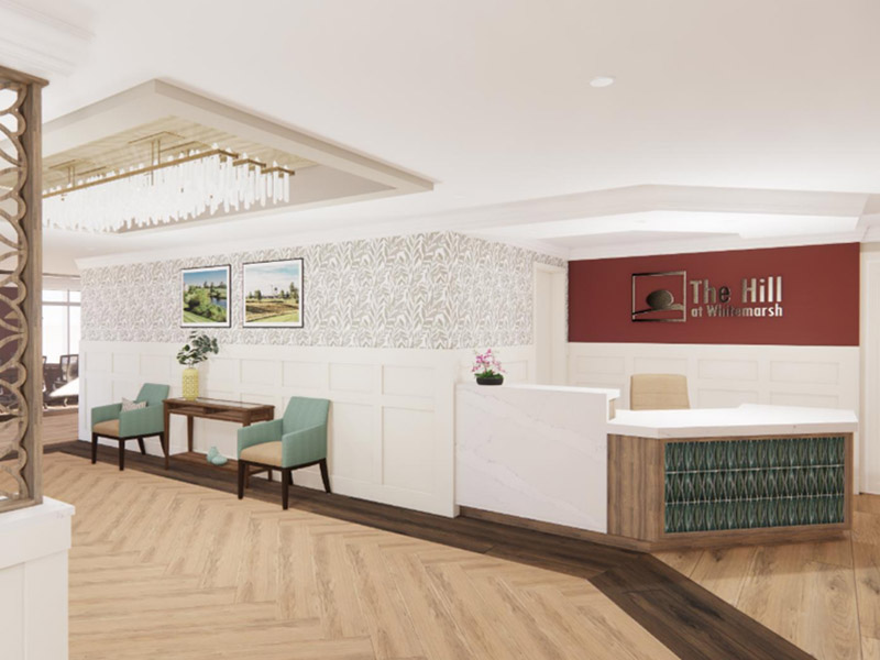 Renovated reception area at The Hill at Whitemarsh continuing care retirement community