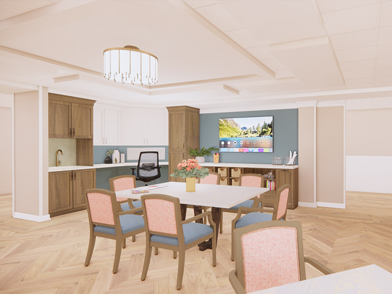 Multipurpose resident space illuminated with specialty lighting at The Hill at Whitemarsh