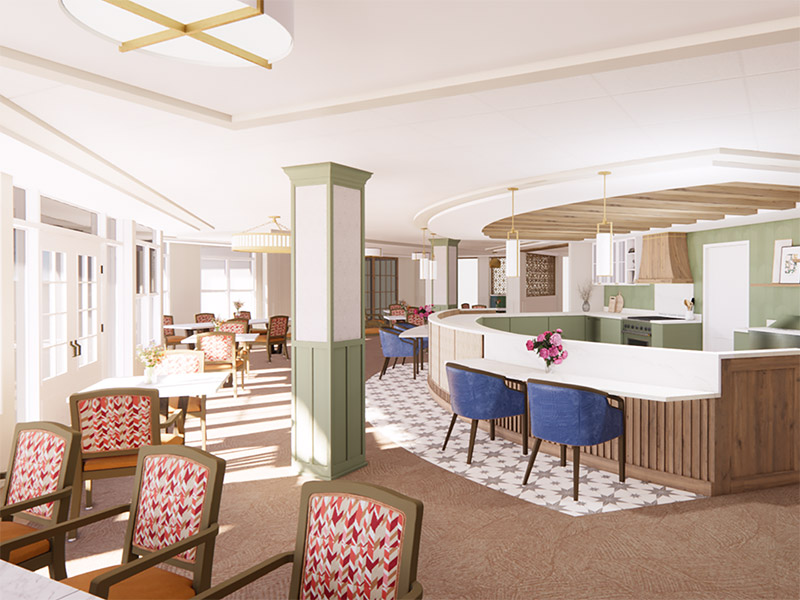 Renovated dining and lounge area at The Hill at Whitemarsh featuring specialty architectural lighting