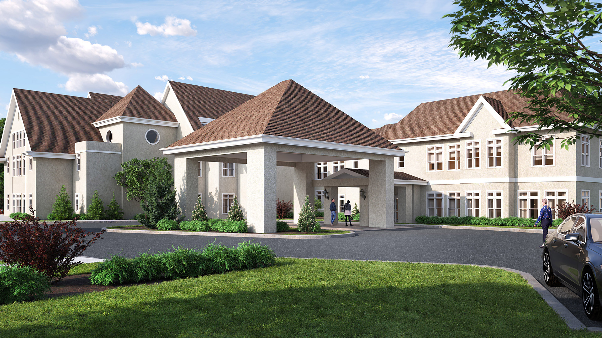 Main entrance of The Hill at Whitemarsh senior living community in Lafayette Hill, PA