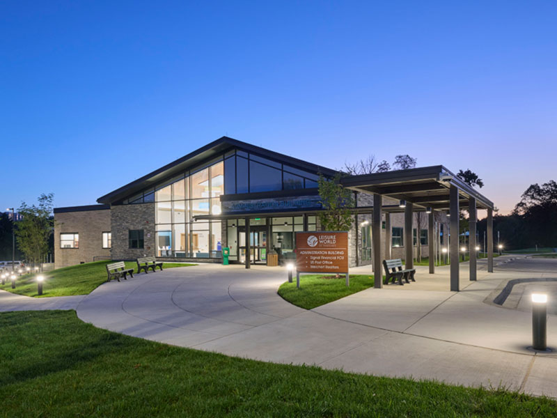 Front entrance and canopy of Leisure World Administration Building
