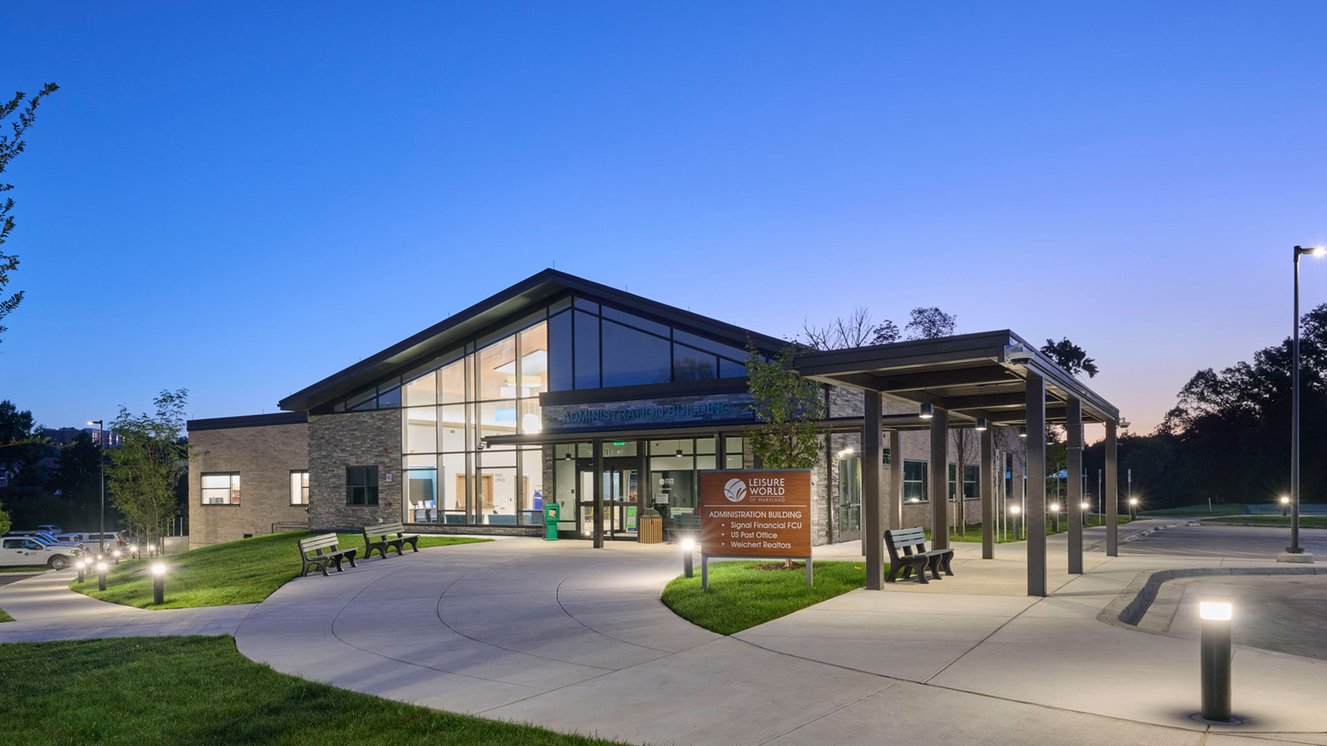 Leisure World Administration Building exterior at dusk in Silver Spring, Maryland