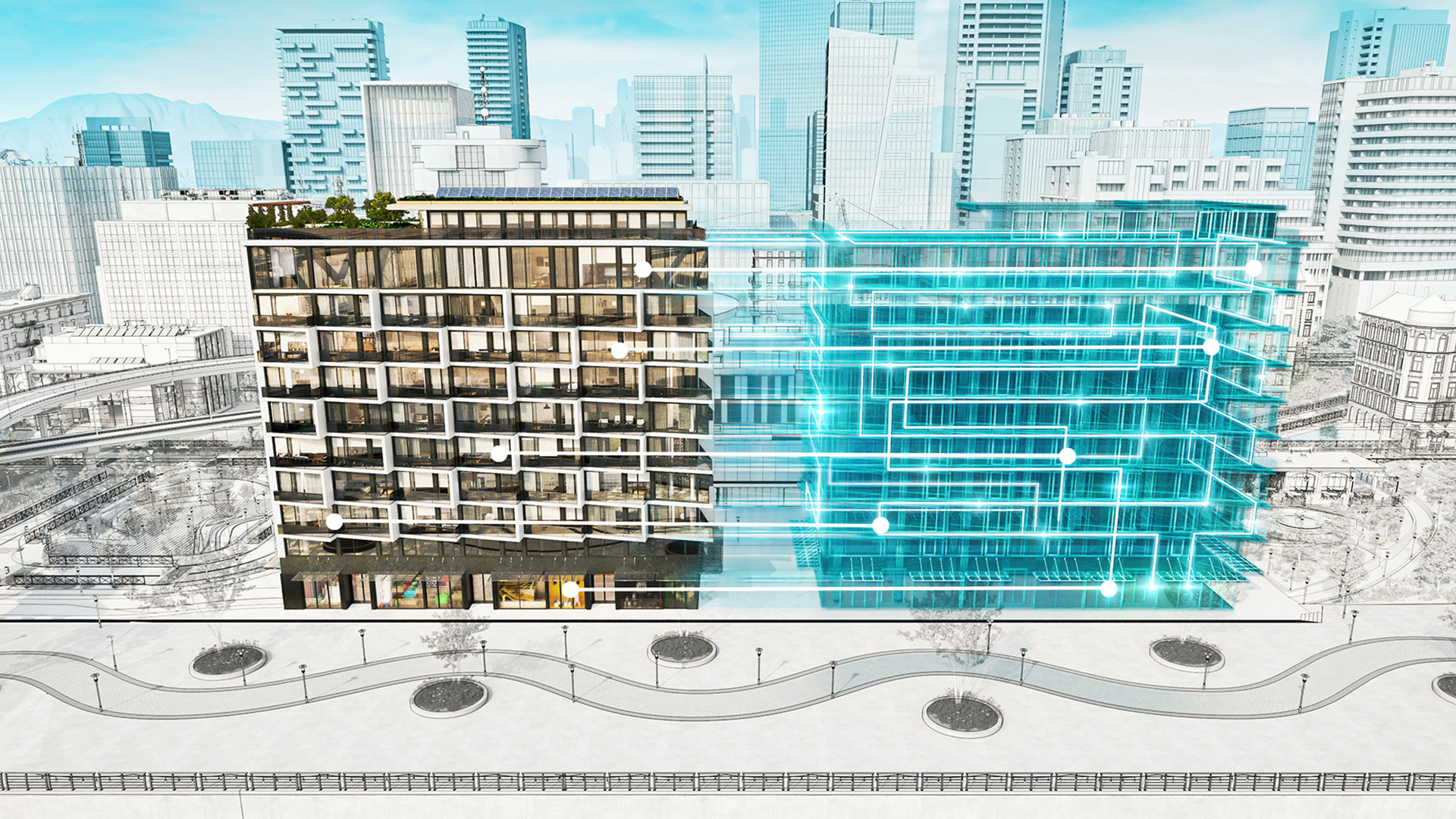 Split-image rendering of a modern mid-rise building, with one half shown as a realistic finished structure and the other half displayed as a glowing digital wireframe model, illustrating the concept of a building digital twin and real-time data integration within an urban setting