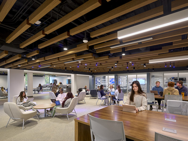 Knowledge commons study space at Penn State College of Nursing with collaborative seating
