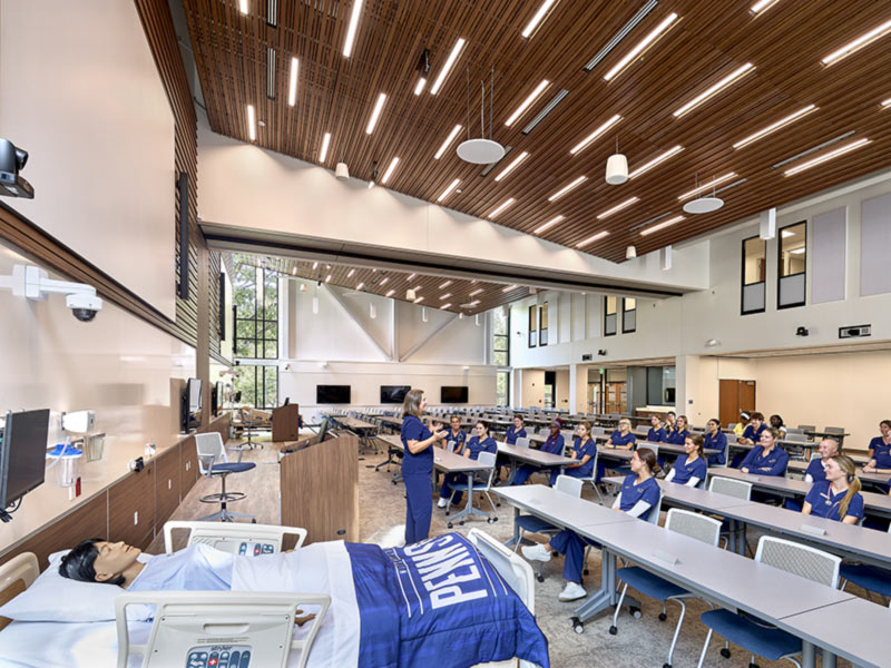 Simulation-ready classroom at Penn State College of Nursing with hospital training setup
