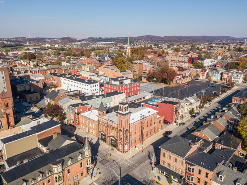 Aerial view of downtown York, Pennsylvania with historic buildings and city streets